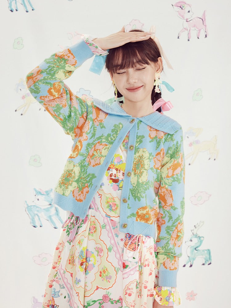 Shimizu Illustration Flower Knit Jacquard Short Cardigan【s0000003657】