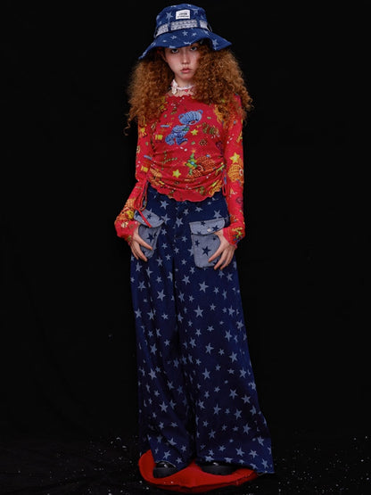 Retro Cute Y2K Star Pattern Wide Leg Loose Mop Jeans Pants [s0000003179]