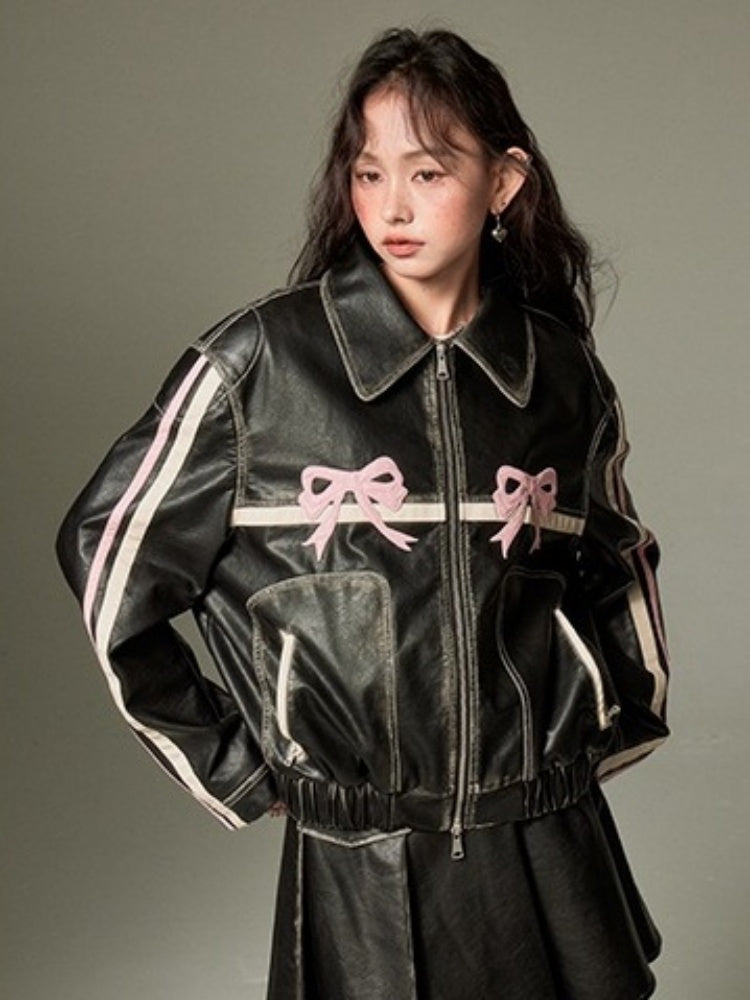 Bowknot Retro Color Painted Leather Jacket【s0000003185