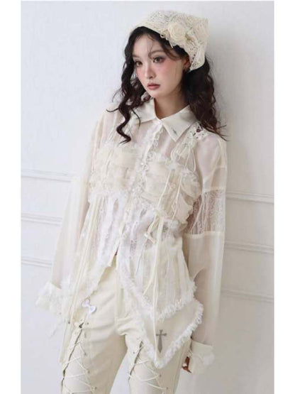 Lace-Up Crosses Embroidery Chiffon Lace Trim Shirt [s0000008151]