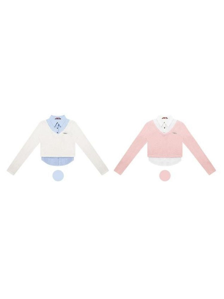 Fake two-piece long sleeve V-neck shirt【s0000003802】