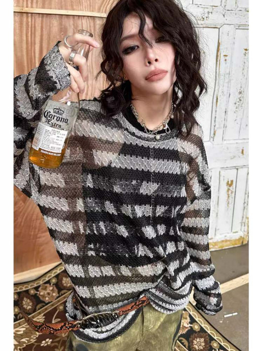 Stripe g Raffich Print Semi-see r k on t [S0000008310]