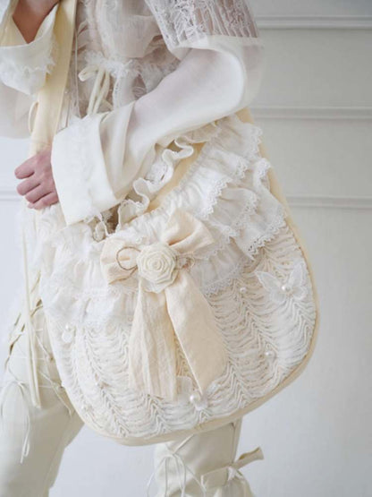 Bead & Butterfly Bowknot Canvas Ruffle Trim Crossbody Bag【s0000008158】