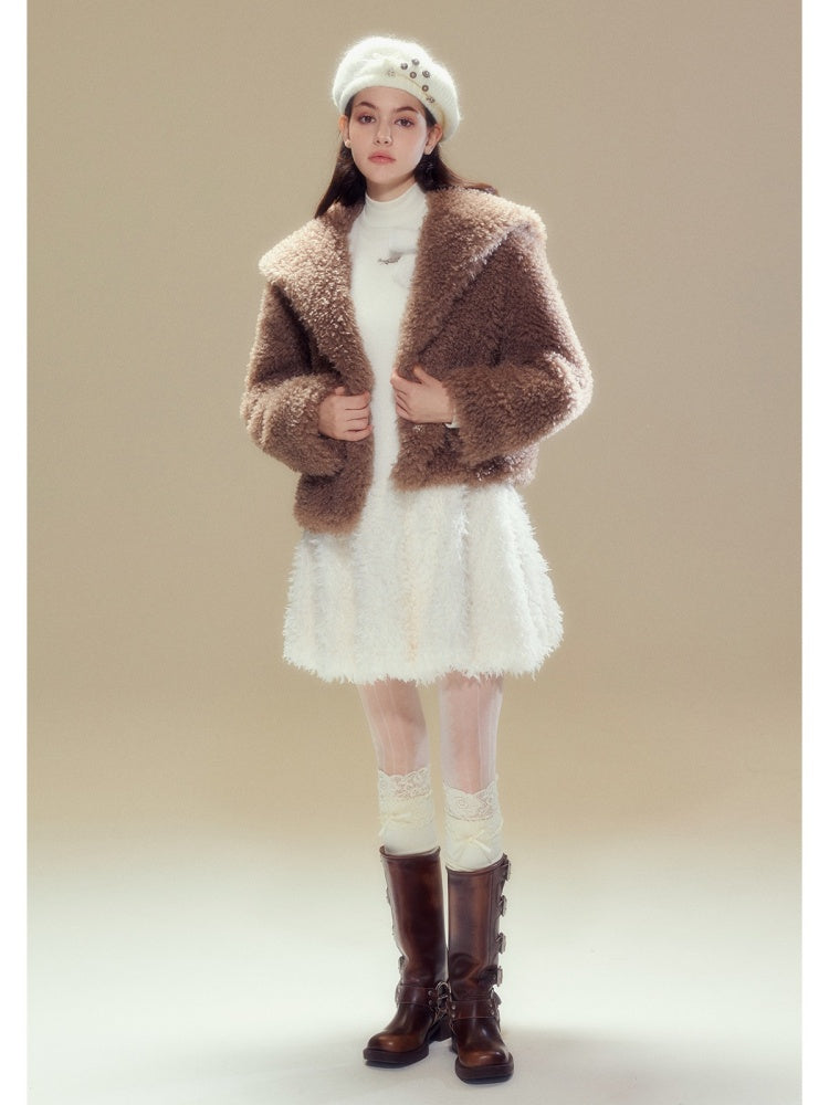 Sailor Collar Boa Coat &amp; Plaid Tight Mini Skirt【s0000004359】