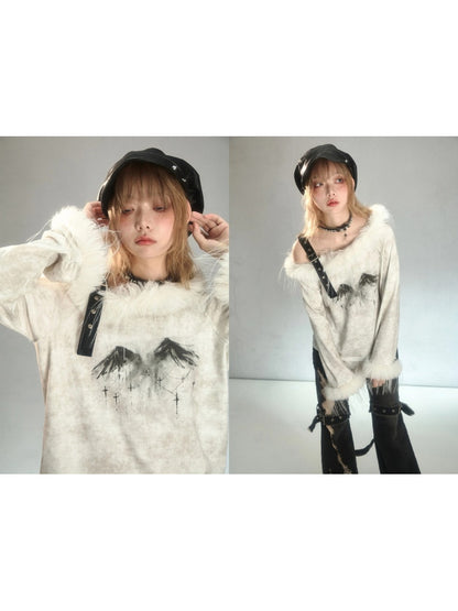 Punk Fur Suspender Belt Off Shoulder Feather Print T-Shirt [s0000003877]