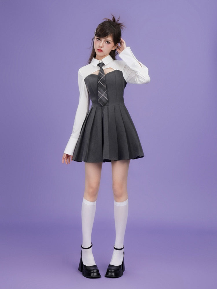 College Style Faux Two Piece Shirt Dress &amp; Tie【s0000003846】