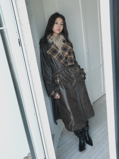 Plaid Splicing PU Leather Double Breasted Long Jacket【s0000004160】