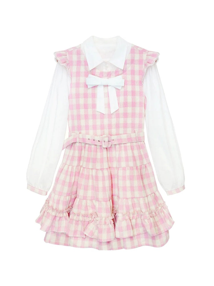 Gingham Check Ruffle Apron Dress &amp; Hat【s0000003541】