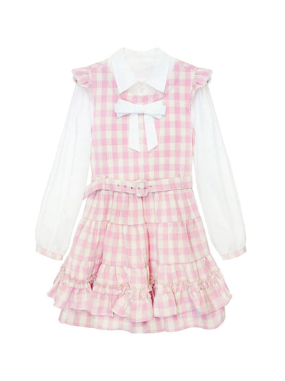 Gingham Check Ruffle Apron Dress &amp; Hat【s0000003541】