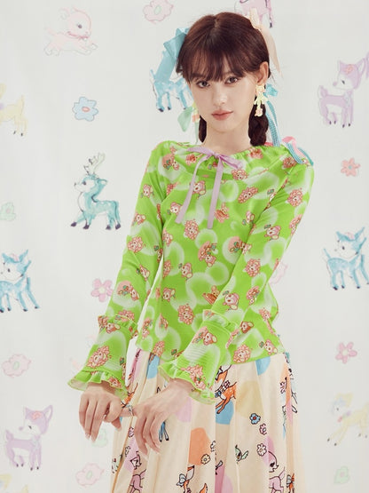 Shimizu Illustration Cute Bear Geometric Pattern Bell Sleeve Knit Tops【s0000003660】