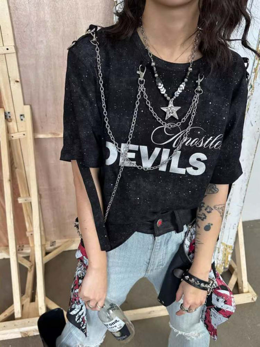 Punk Metal Chain Logo Print Tee【s0000008303】