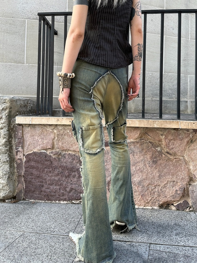 Damage Processing Wash Ripped Heavy Duty Stretch Denim Flare Pants【s0000003897】