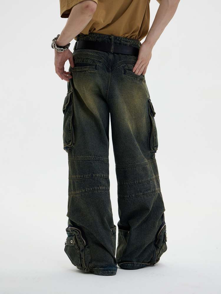 Multi Pocket Wide Leg Washed Denim Jeans【s0000006749】