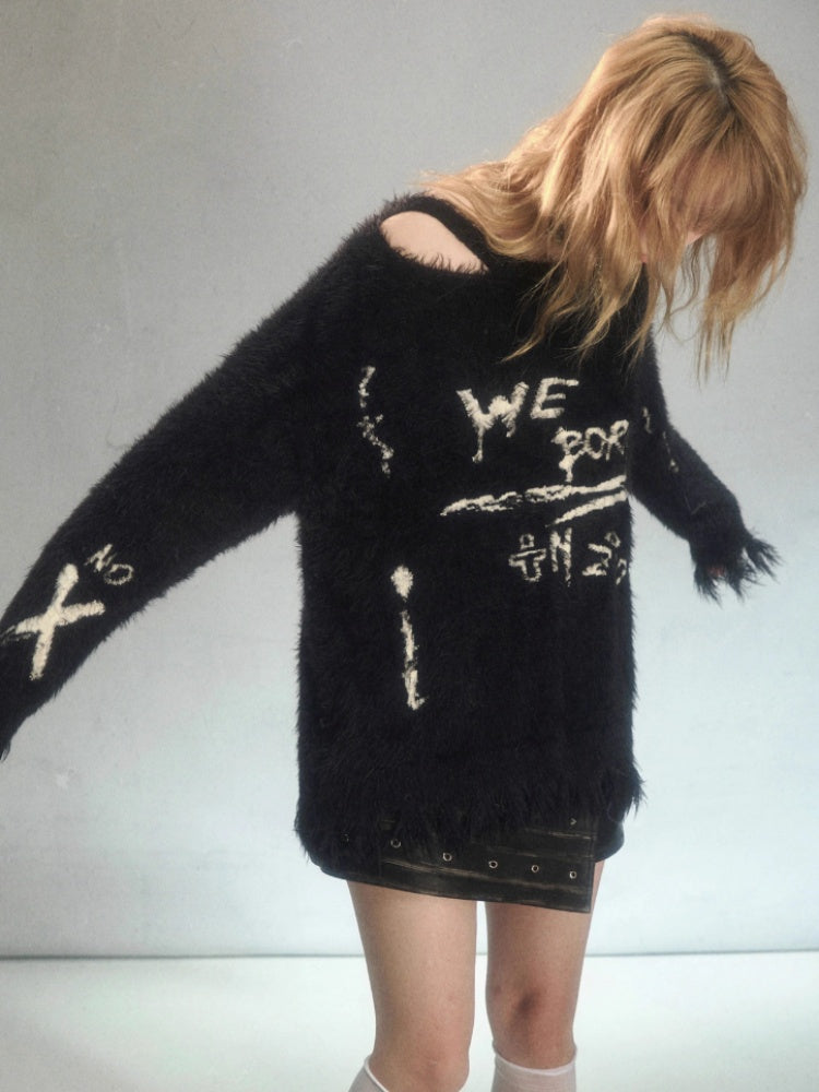 Punk Graffiti Jacquard Mink Lazy Pullover Sweater Black [s0000003881]