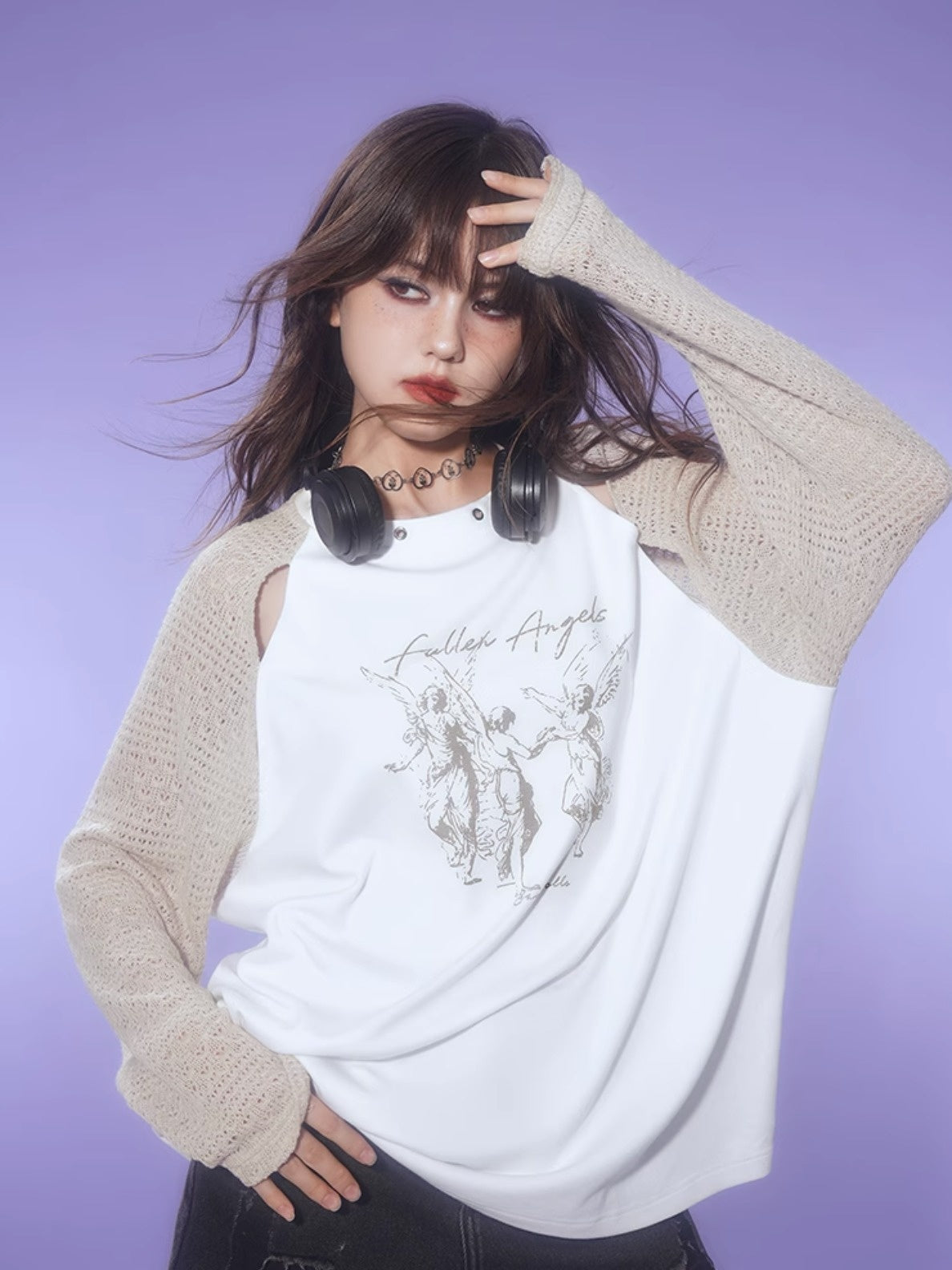 Slit Raglan Angel Print Knit T-Shirt【s0000003825】