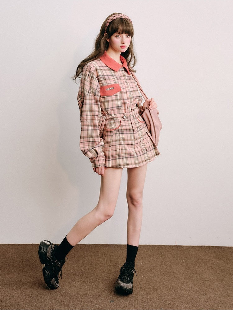 Loose Plaid Shirt & Pleated Mini Skirt【s0000003852】