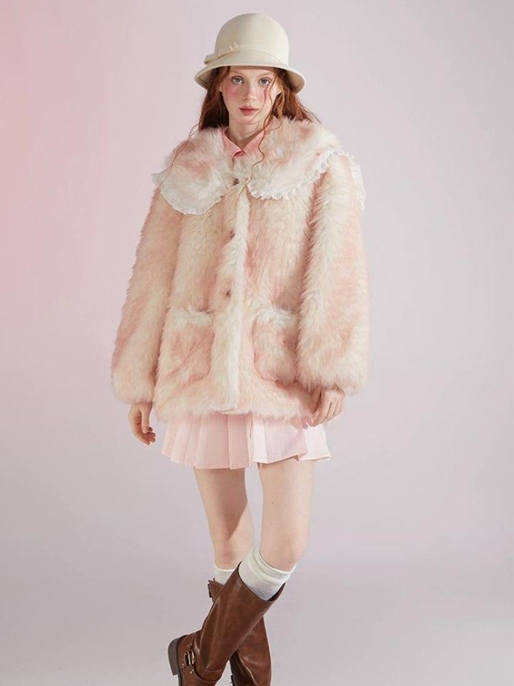 Pink and white gradient double layer collar fur coat【s0000004417】