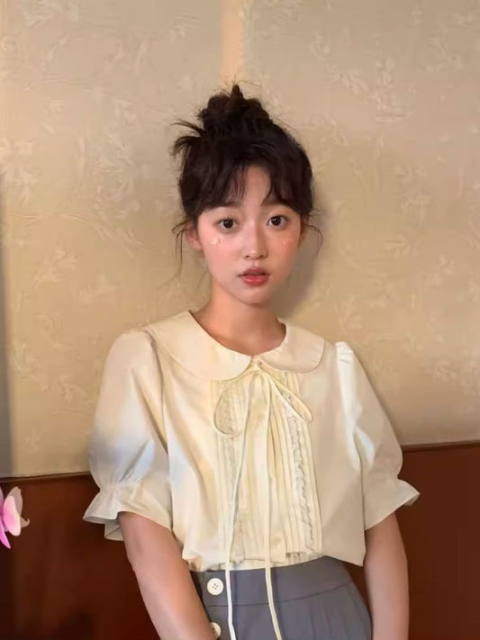 French Bubble Sleeve Lapel Short Sleeve Blouse【s0000007480】