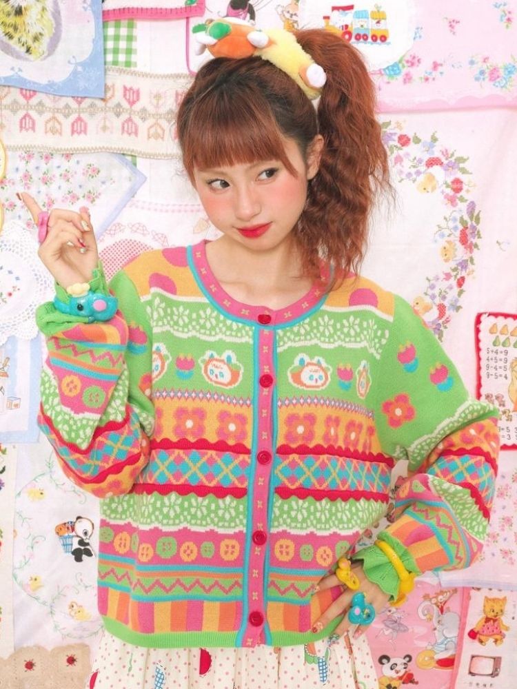 Bunny plaid round neck knitted sweater【s0000003320】