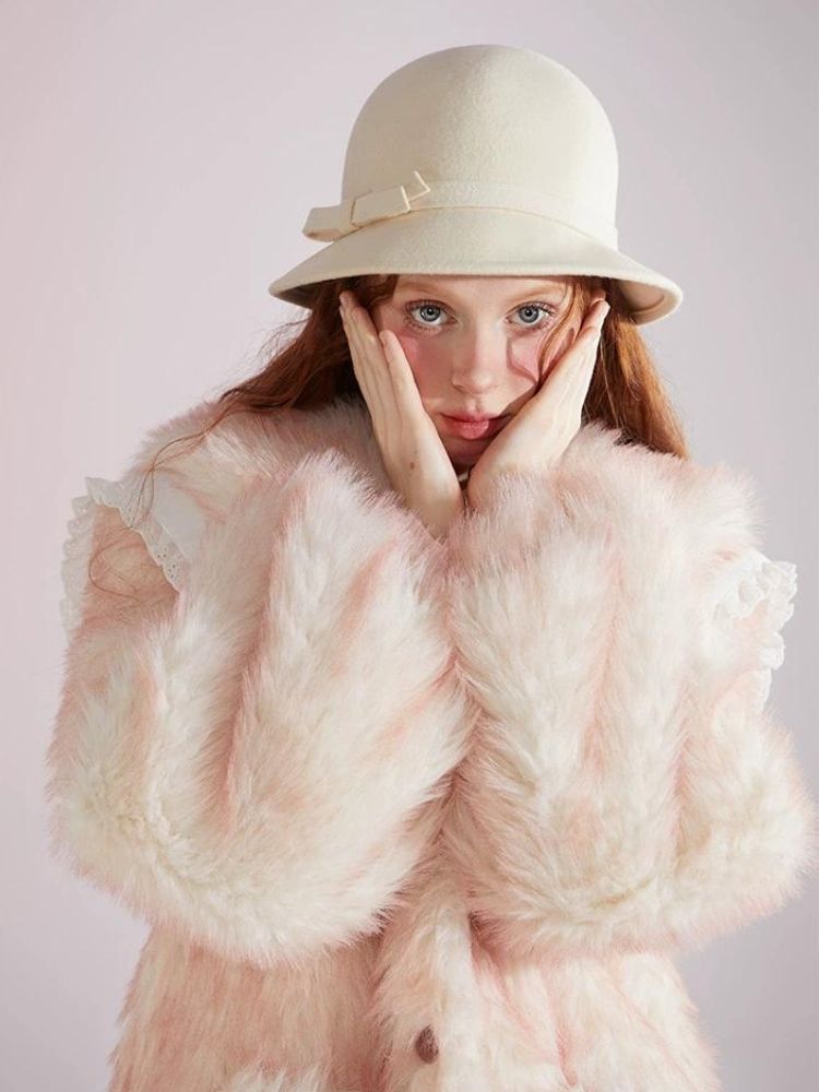 Pink and white gradient double layer collar fur coat【s0000004417】