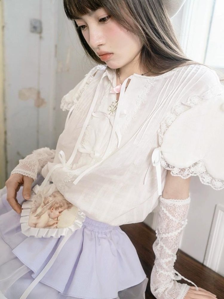 Love Sleeves Bowknot Lace Shirt【s0000003341】