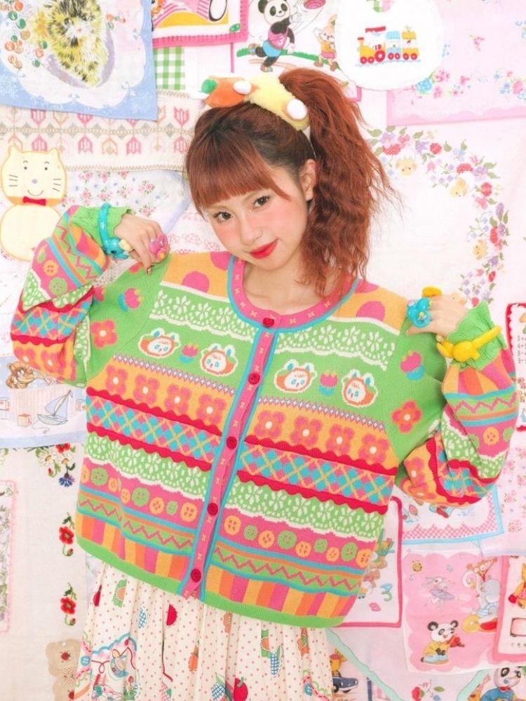 Bunny plaid round neck knitted sweater【s0000003320】