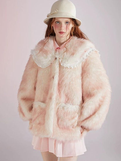 Pink and white gradient double layer collar fur coat【s0000004417】