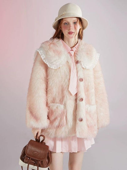 Pink and white gradient double layer collar fur coat【s0000004417】