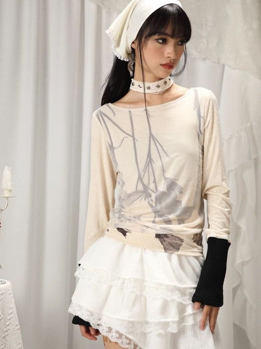 Printed Mesh Fake Two Piece Long Sleeve T-Shirt【s0000005749】