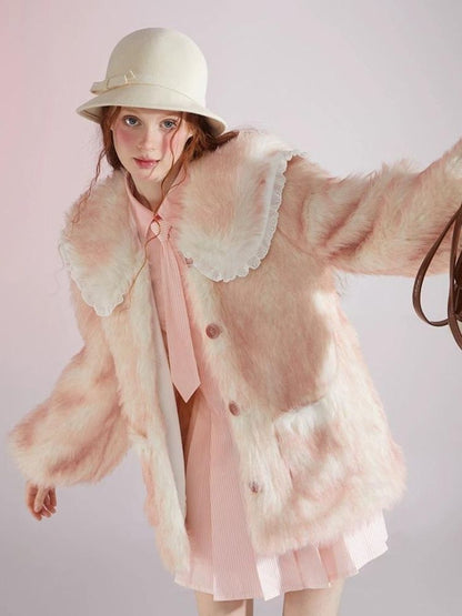 Pink and white gradient double layer collar fur coat【s0000004417】