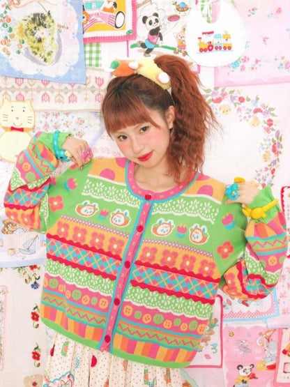 Bunny plaid round neck knitted sweater【s0000003320】