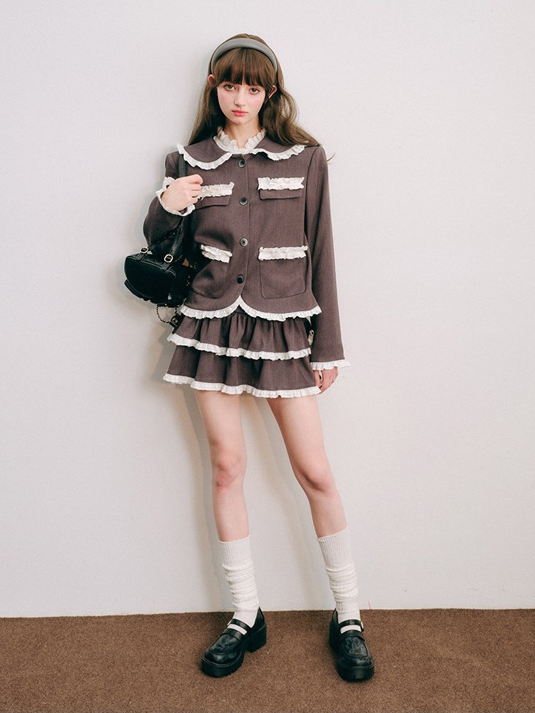 Lace Stitch College Taste Jacket &amp; Puffy Mini Skirt【s0000003853】