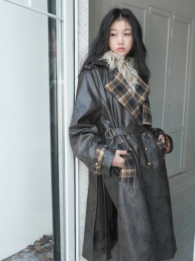 Plaid Splicing PU Leather Double Breasted Long Jacket【s0000004160】