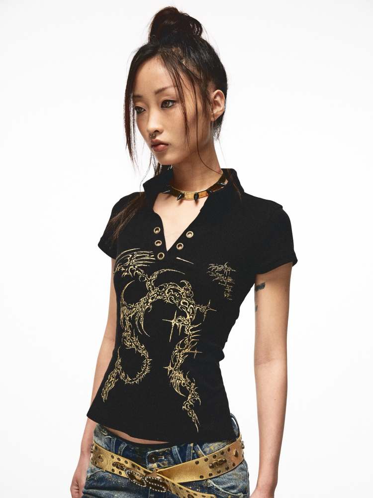 Back Open Gold Print Ribbon T-Shirt [S0000009013]