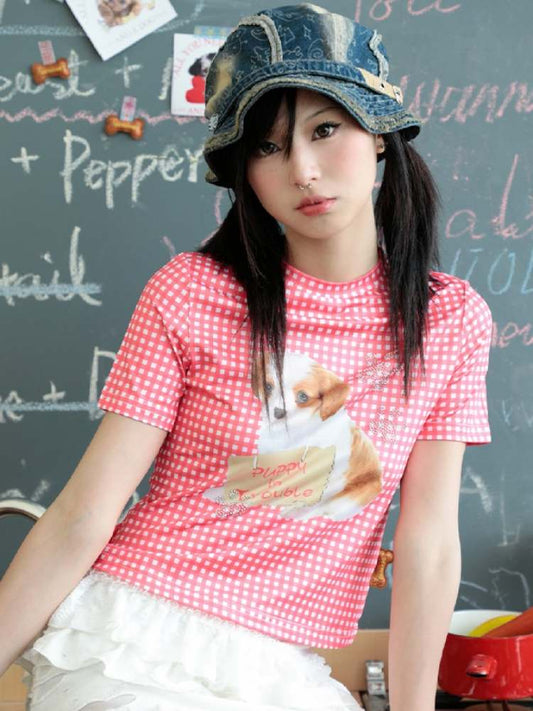 Cute Plaid Dog Print Short Sleeve Tee【s0000008553】