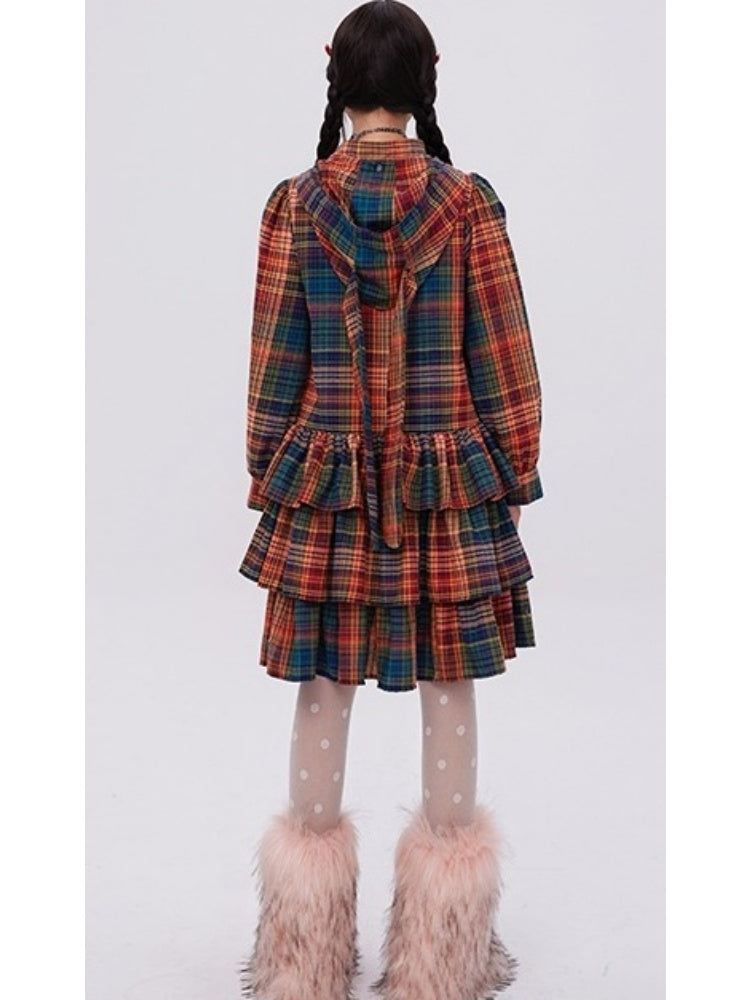 Retro Cute Fluffy Cake Rabbit Ear Plaid Dress【s0000003184】