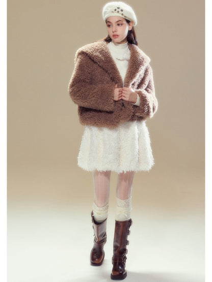 Sailor Collar Boa Coat &amp; Plaid Tight Mini Skirt【s0000004359】