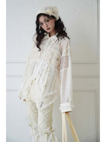 Lace-Up Crosses Embroidery Chiffon Lace Trim Shirt [s0000008151]