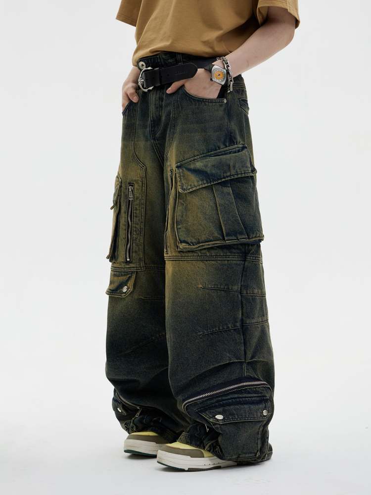 Multi Pocket Wide Leg Washed Denim Jeans【s0000006749】