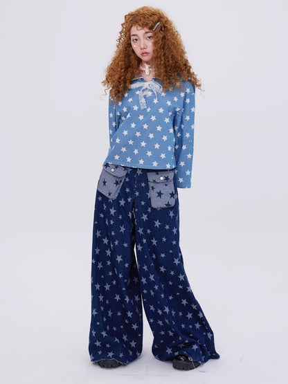 Retro Cute Y2K Star Pattern Wide Leg Loose Mop Jeans Pants [s0000003179]