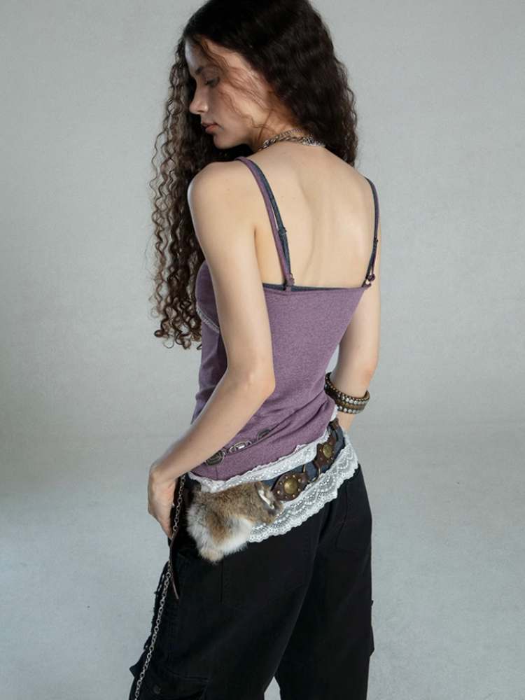 Mixed Color Knit Lace V-Neck Camisole【s0000009019】