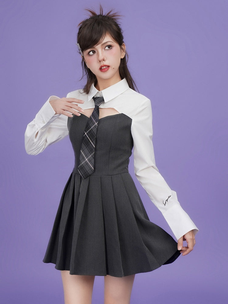 College Style Faux Two Piece Shirt Dress &amp; Tie【s0000003846】