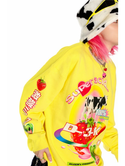 Y2K American Retro Super Acid Milk Print Loose Sweat & Cow Hat【s0000003887】