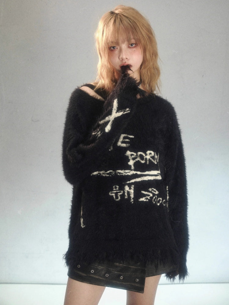 Punk Graffiti Jacquard Mink Lazy Pullover Sweater Black [s0000003881]