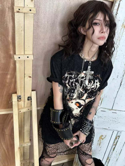 Batik Skull Print Fake Two Piece Mesh Punk Tee【s0000008302】