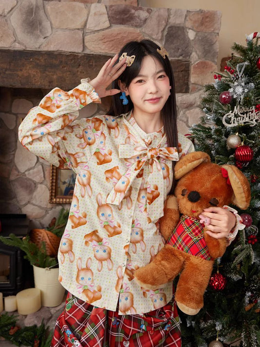 Retro Print Bunny Lace Ribbon Shirt【s0000005343】