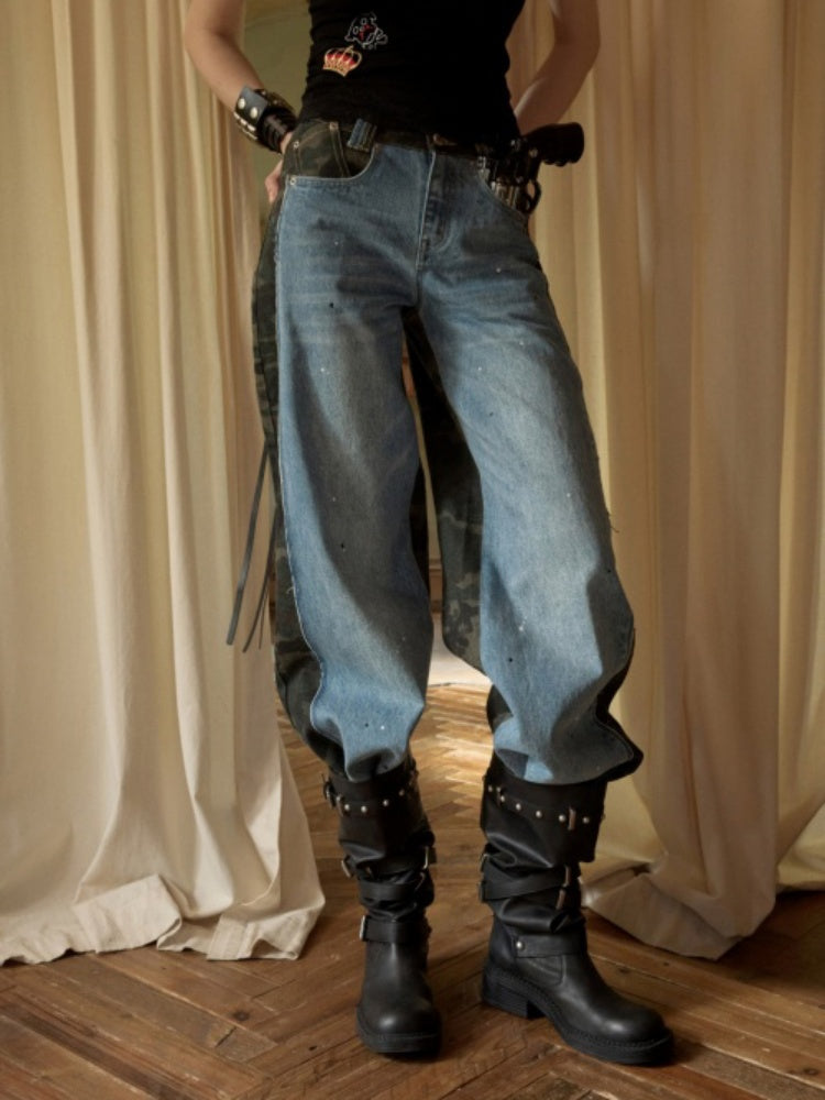 Double-Faced Camouflage Patchwork Denim Low-Rise Straight-Leg Pants【s0000015988】