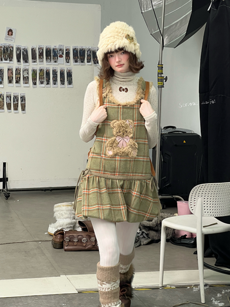 Plaid Plush Bear Pocket Hem Vest Dress【s0000015257】