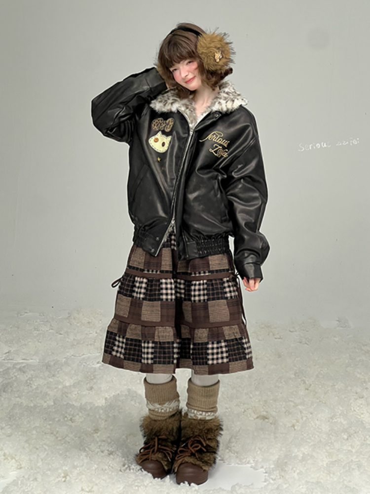 Fur Collar Thickened Leopard Print Plush PU Leather Jacket【s0000015259】