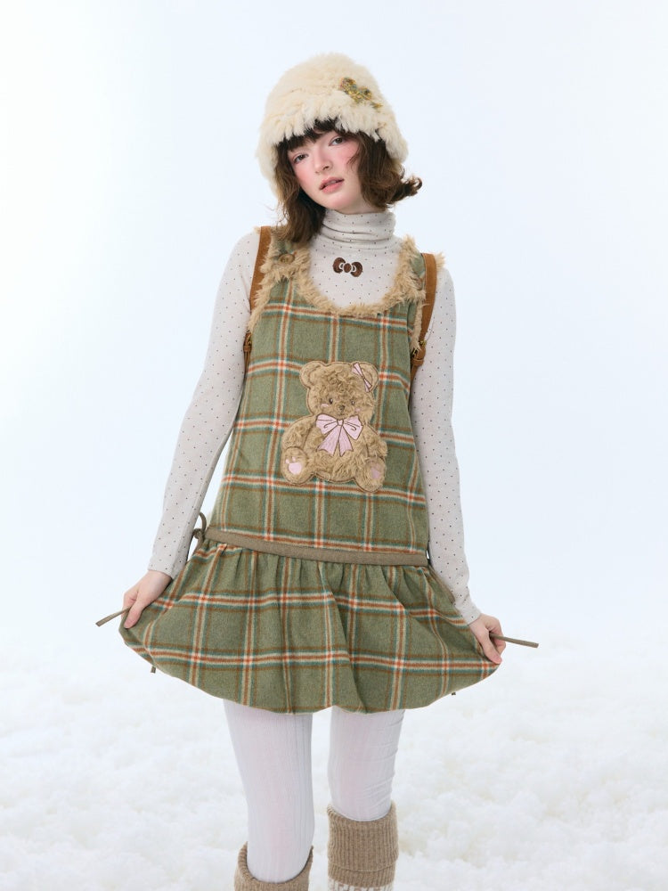 Plaid Plush Bear Pocket Hem Vest Dress【s0000015257】